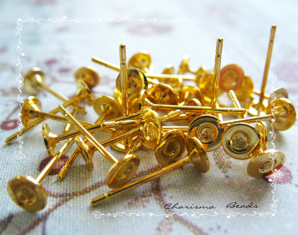 48pcs/24 Pairs Earstud Components -earring Posts- Brass Head And Stainless Steel Pin, Flat Pad Head 4mm, 10mm Long