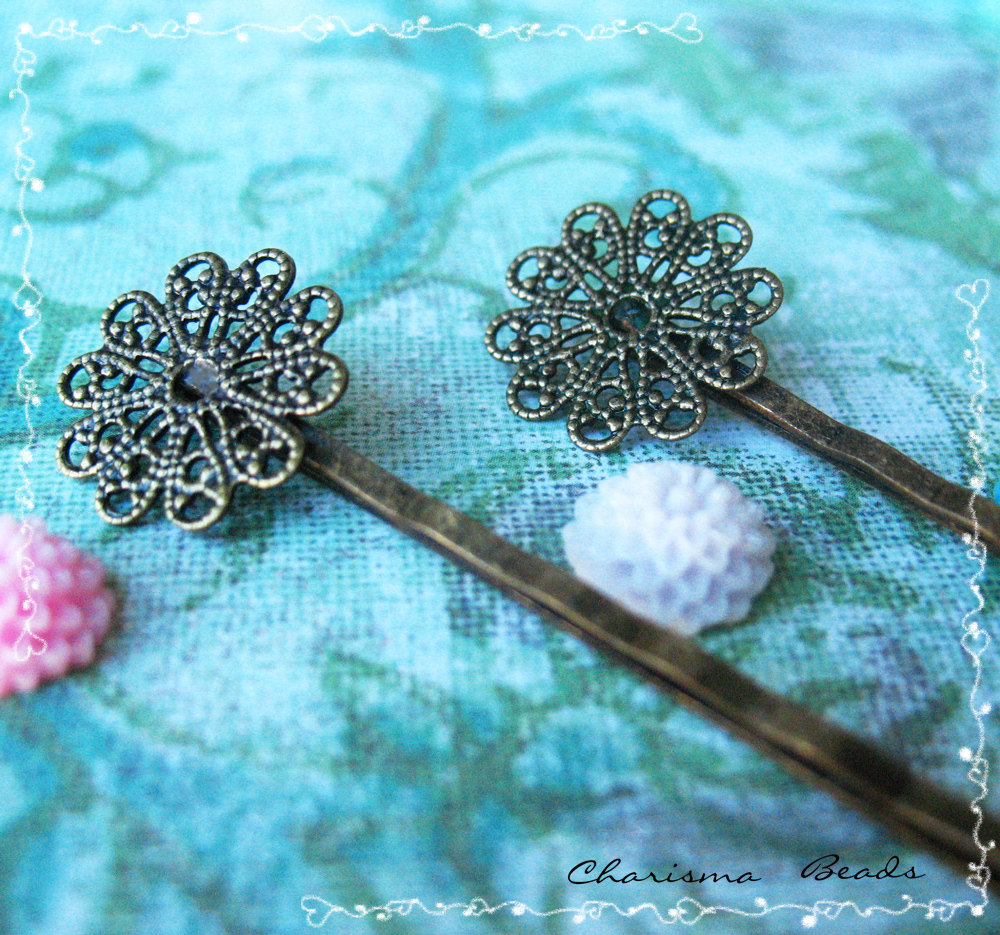 72 Filigree Bobby Pins Hair Ornaments Antique Bronze, Round, 16x54mm, Hole: 1mm